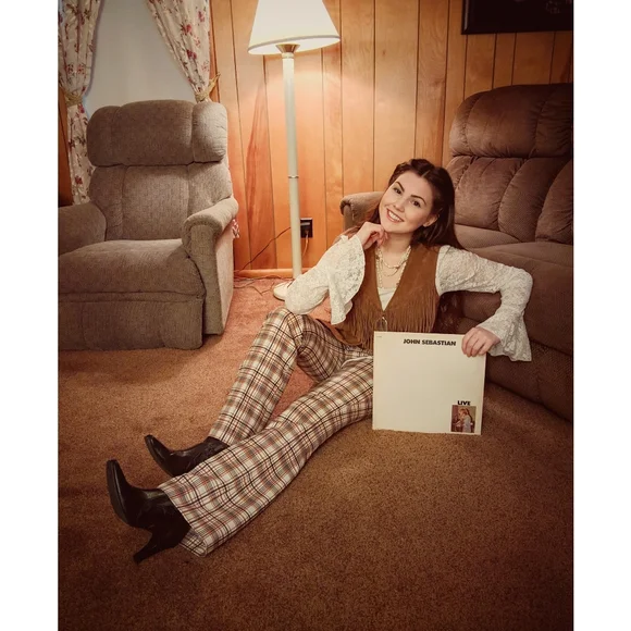 1960s Levi's for Gals Pants 1970s Bootcut Flare Trousers Plaid Brown Mid Rise - Picture 8 of 9